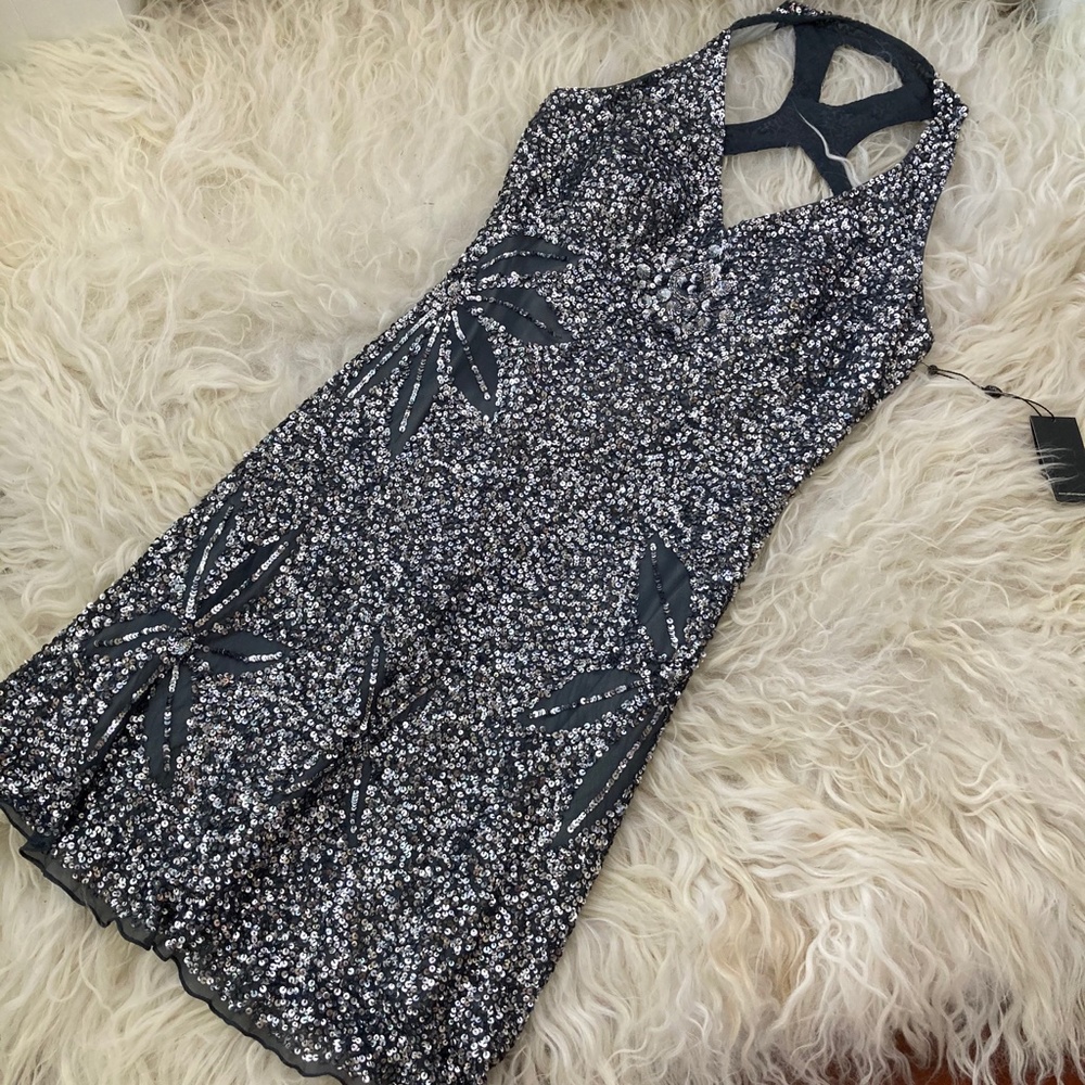 Adrianna Papell Sequined V-Neck Party Dress - Picture 2 of 14